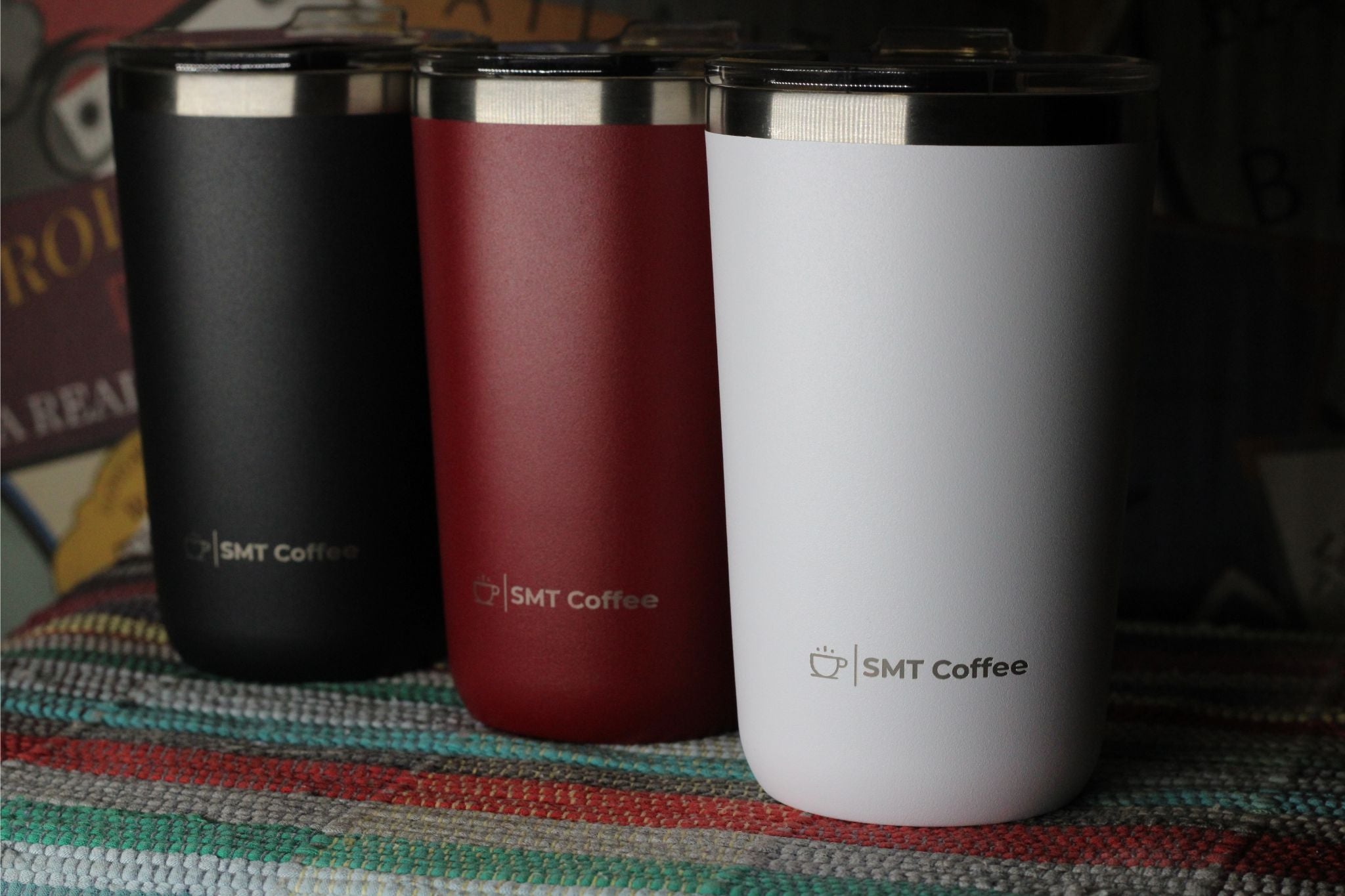 smtcoffee three coffee tumblers with lid black white red